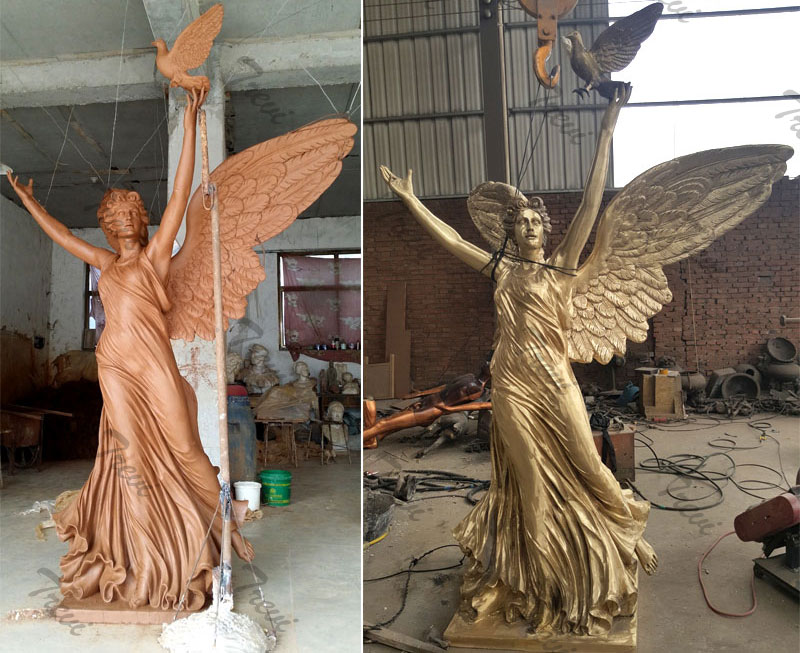 Custom garden bronze statues of life size angel with dove outdoor design