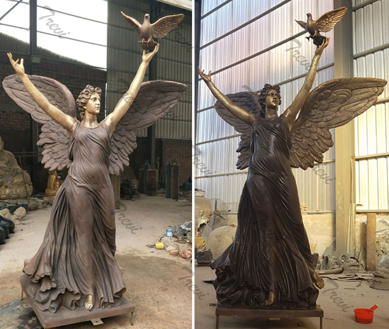 Custom garden bronze statues of life size angel with dove outdoor metal art design