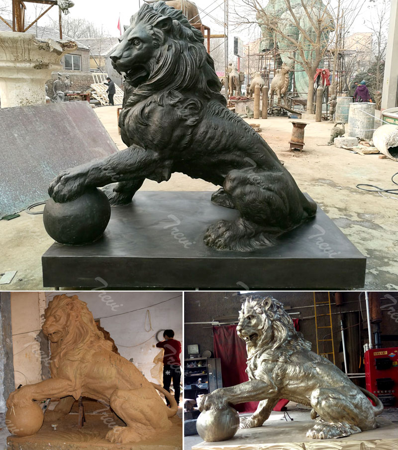 Custom made bronze lion with paw on the ball outdoor garden statues