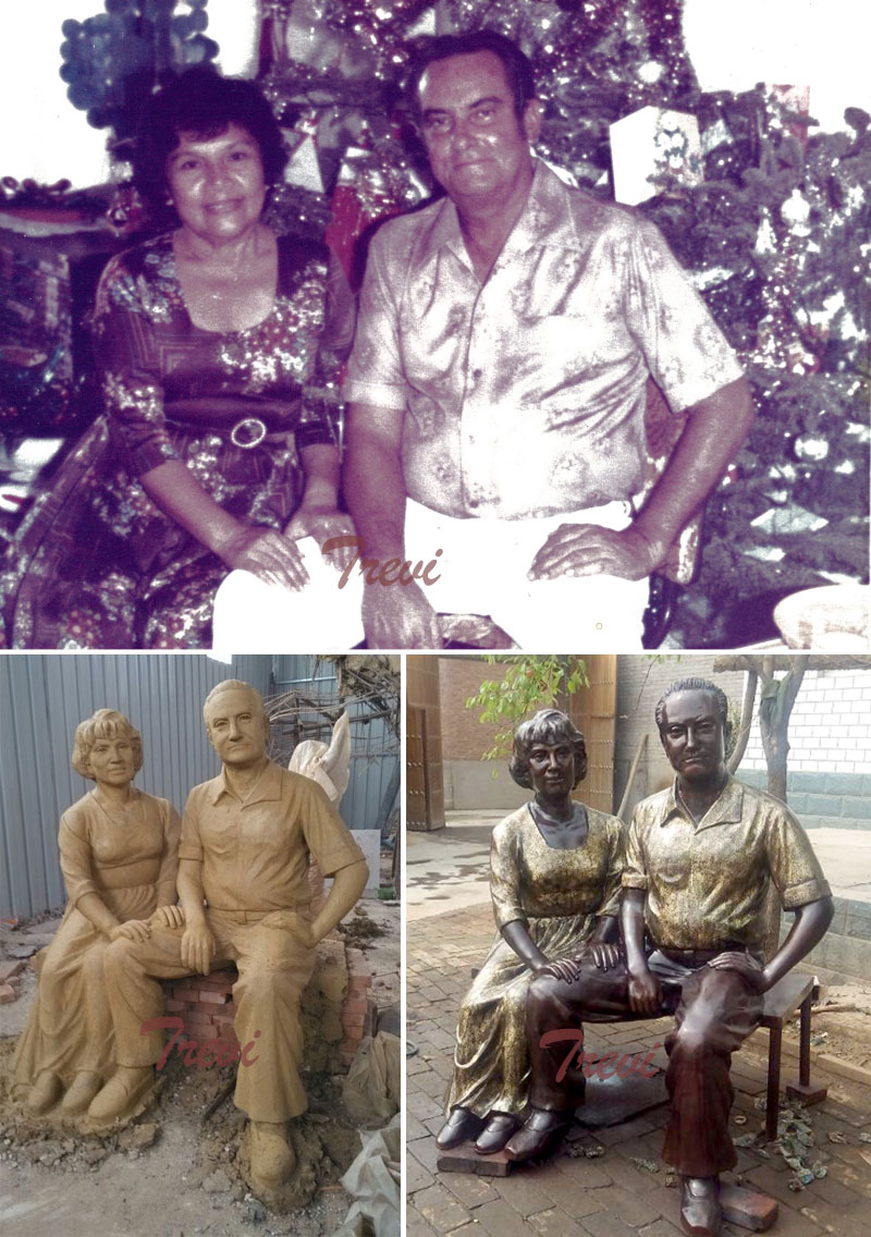 Custom made bronze family loved couples sitting on the long bench garden statues from a photo